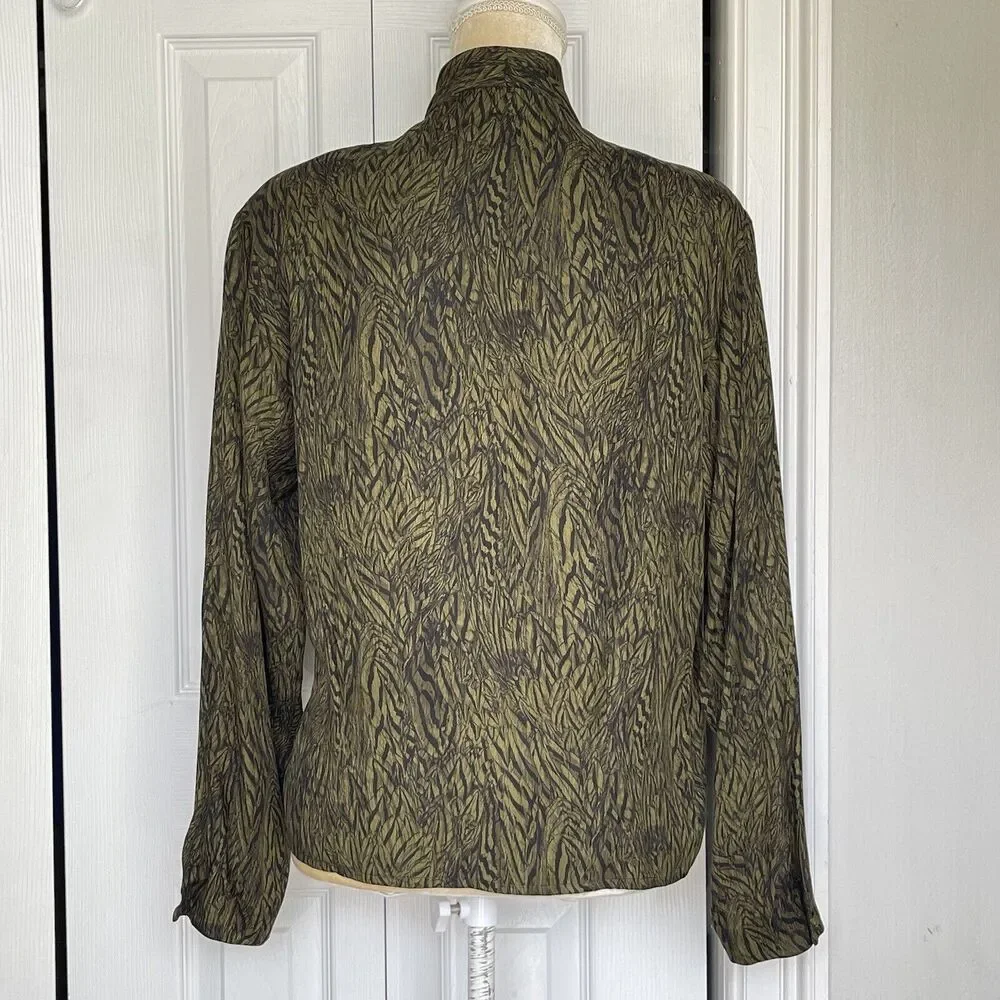 Anne Klein Vintage Silk Blouse Size 8 Green Black Surplice Button Front Top
